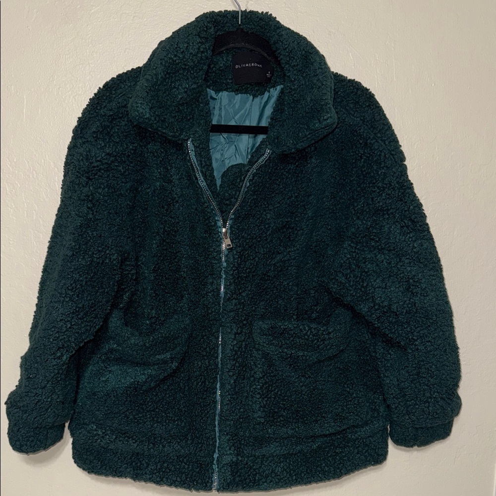 Olivaceous Womens Teddy Jacket Forest Green Faux Shearling Full Zip Small 3091JH